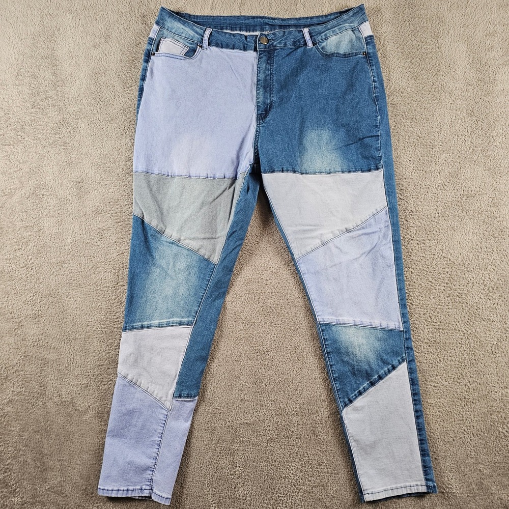 Patchwork Mixed Wash Denim Colorblock Jeans Plus Size 3XL Blue Grey Stretch 36